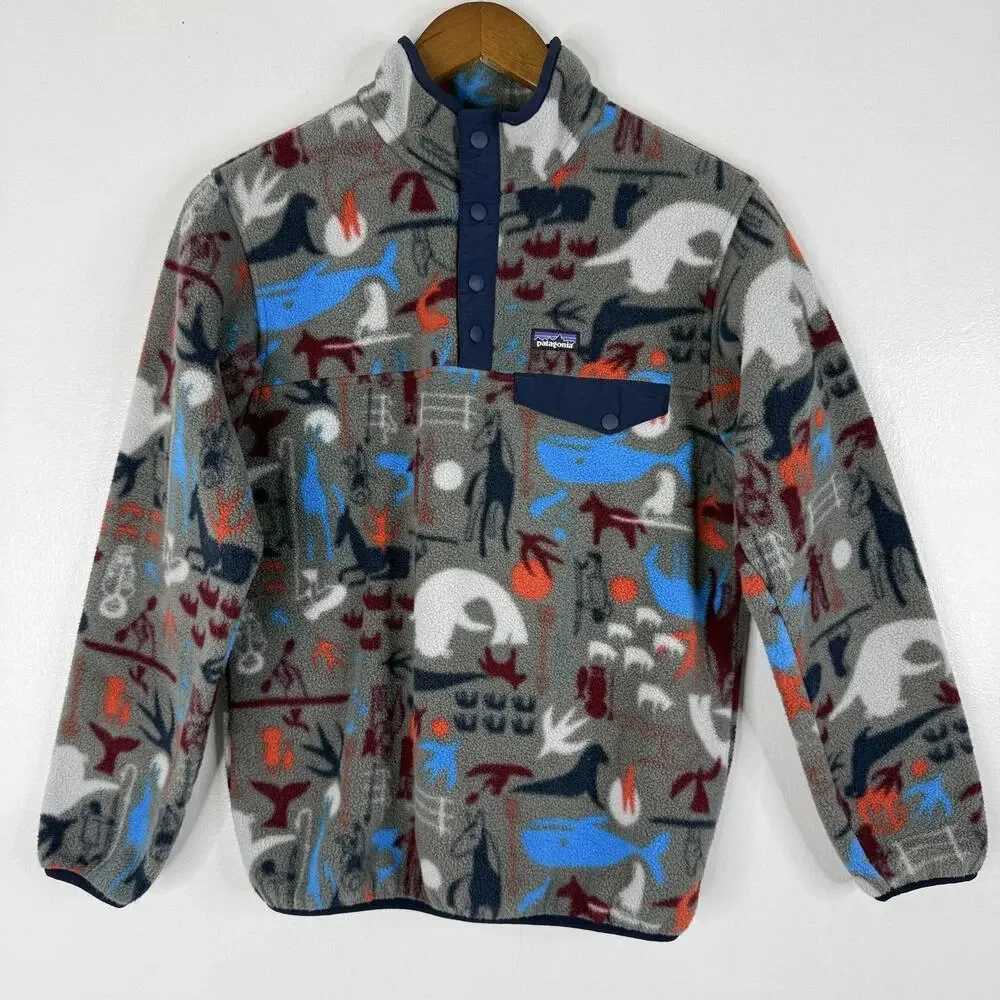 Patagonia Synchilla Jacket Boys XL 14 Animal Print Gray Fleece Snap Pullover